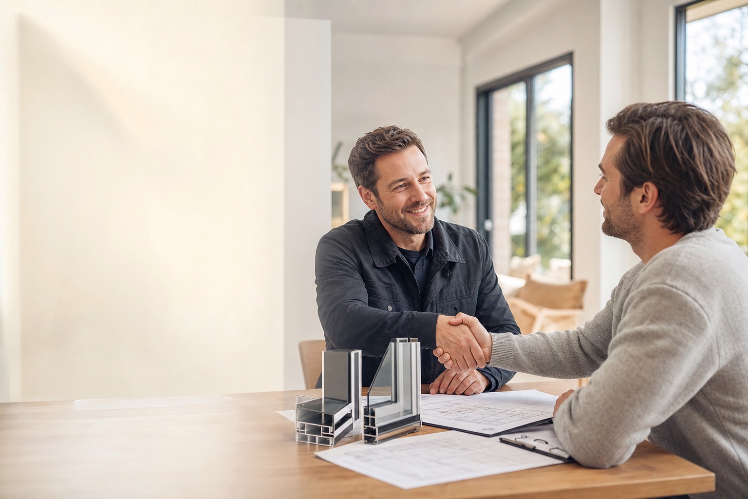 Conseiller et client concluant un devis menuiserie chez Sart Services