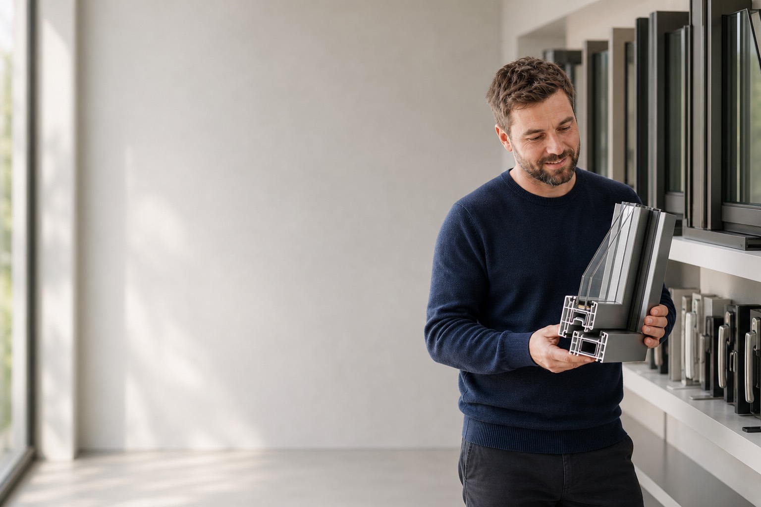 Conseiller Sart Services présentant un profilé de châssis de marque en showroom