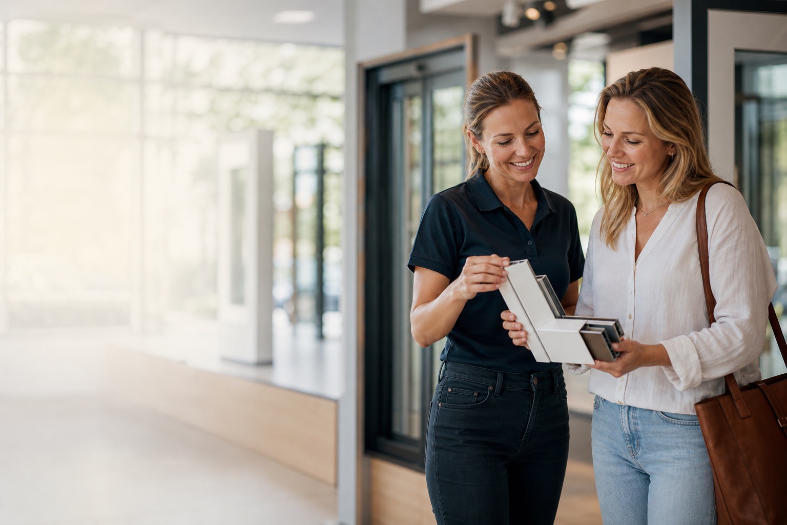 Conseillère Sart Services présentant des échantillons de châssis en showroom